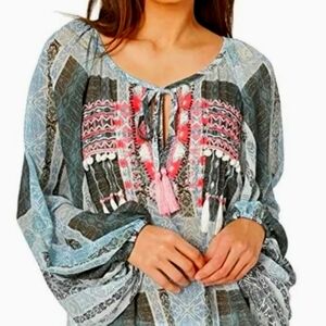 Ramy Brook Myra Embroidered Beaded Tassel Swim Coverup Peasant Blouse